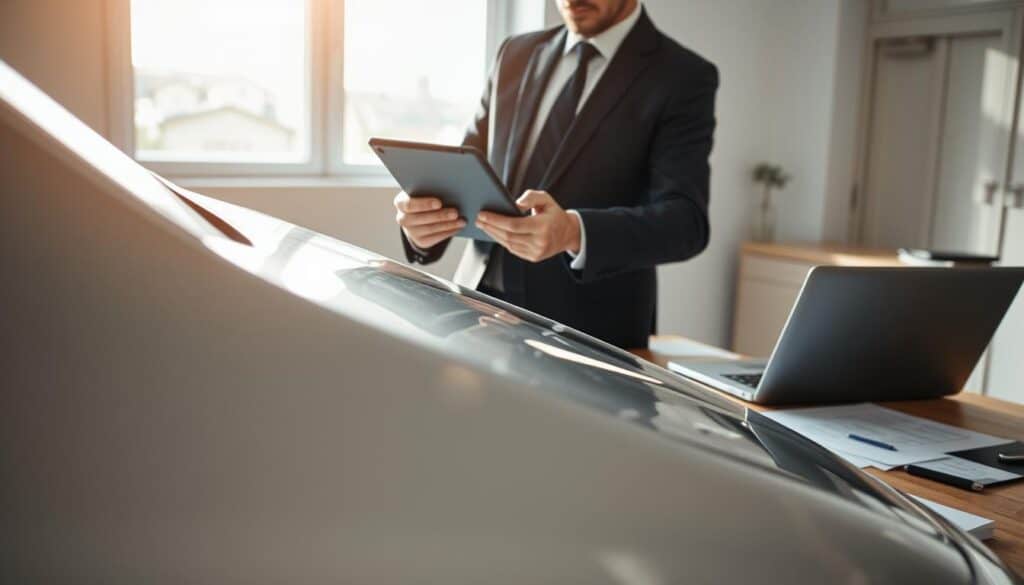 A professional automotive damage assessment scene, featuring an experienced insurance adjuster in smart business attire, examining a damaged car in a well-lit office environment. The foreground shows the adjuster using a tablet to investigate the vehicle’s exterior, with close-up details highlighting scratches and dents. The middle ground includes a large desk cluttered with insurance documents and a laptop, emphasizing the negotiation process. The background depicts a window with natural light streaming in, casting soft shadows that create an inviting yet serious atmosphere. The composition is captured at a slight angle, offering depth and a sense of focus on the adjuster's meticulous work. The overall mood conveys professionalism and diligence, reflecting the importance of accurately assessing vehicle damage. A professional automotive damage assessment scene, featuring an experienced insurance adjuster in smart business attire, examining a damaged car in a well-lit office environment. The foreground shows the adjuster using a tablet to investigate the vehicle’s exterior, with close-up details highlighting scratches and dents. The middle ground includes a large desk cluttered with insurance documents and a laptop, emphasizing the negotiation process. The background depicts a window with natural light streaming in, casting soft shadows that create an inviting yet serious atmosphere. The composition is captured at a slight angle, offering depth and a sense of focus on the adjuster's meticulous work. The overall mood conveys professionalism and diligence, reflecting the importance of accurately assessing vehicle damage.