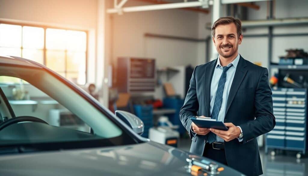 A professional automotive expert, dressed in a smart business suit, stands confidently beside a sleek, modern car in a well-lit, organized auto repair shop. In the foreground, the expert examines the vehicle with a focused expression, holding a clipboard and a measuring device, symbolizing thorough damage assessment. The middle ground features tools and equipment neatly arranged, emphasizing the meticulous nature of the evaluation process. In the background, soft, diffused lighting casts an inviting atmosphere, highlighting the professionalism of the setting. A large window allows natural light to flood the space, creating a sense of transparency and trust. The overall mood is analytical and meticulous, capturing the essence of an expert's role in the assessment field. A professional automotive expert, dressed in a smart business suit, stands confidently beside a sleek, modern car in a well-lit, organized auto repair shop. In the foreground, the expert examines the vehicle with a focused expression, holding a clipboard and a measuring device, symbolizing thorough damage assessment. The middle ground features tools and equipment neatly arranged, emphasizing the meticulous nature of the evaluation process. In the background, soft, diffused lighting casts an inviting atmosphere, highlighting the professionalism of the setting. A large window allows natural light to flood the space, creating a sense of transparency and trust. The overall mood is analytical and meticulous, capturing the essence of an expert's role in the assessment field.