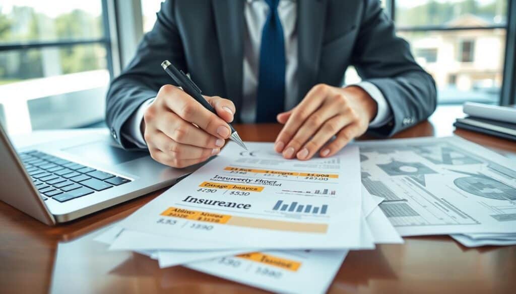 A professional business setting, depicting a consultant in formal attire sitting at a sleek wooden desk, examining a stack of papers and a laptop displaying financial charts. In the foreground, focus on the consultant’s hands holding a pen, poised over a document marked with highlighted sections indicating discrepancies in damage valuations. In the middle, the desk cluttered with blueprints and insurance folders, illustrating a detailed analysis environment. The background reveals a modern office with large windows allowing soft natural light to filter in, creating a serious yet hopeful atmosphere. The overall mood conveys diligence and professionalism, emphasizing the critical evaluation of property damage assessments. A professional business setting, depicting a consultant in formal attire sitting at a sleek wooden desk, examining a stack of papers and a laptop displaying financial charts. In the foreground, focus on the consultant’s hands holding a pen, poised over a document marked with highlighted sections indicating discrepancies in damage valuations. In the middle, the desk cluttered with blueprints and insurance folders, illustrating a detailed analysis environment. The background reveals a modern office with large windows allowing soft natural light to filter in, creating a serious yet hopeful atmosphere. The overall mood conveys diligence and professionalism, emphasizing the critical evaluation of property damage assessments.
