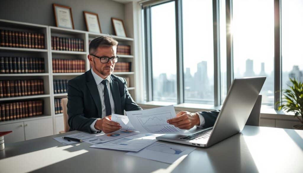A professional compensation consultant in a modern office environment, examining paperwork and digital reports at a sleek desk. The consultant is a middle-aged Caucasian man in smart business attire, wearing glasses and deeply focused on his work. In the foreground, a laptop displays data graphs and spreadsheets related to compensation assessments. In the middle ground, a large window reveals a city skyline, allowing natural light to flood the room, creating a calm yet serious atmosphere. Soft shadows enhance the lines of the desk and documents. In the background, bookshelves filled with legal texts and framed certificates contribute to the professional setting. The overall mood is one of diligence and expertise, reflecting the importance of accuracy in damage assessments. A professional compensation consultant in a modern office environment, examining paperwork and digital reports at a sleek desk. The consultant is a middle-aged Caucasian man in smart business attire, wearing glasses and deeply focused on his work. In the foreground, a laptop displays data graphs and spreadsheets related to compensation assessments. In the middle ground, a large window reveals a city skyline, allowing natural light to flood the room, creating a calm yet serious atmosphere. Soft shadows enhance the lines of the desk and documents. In the background, bookshelves filled with legal texts and framed certificates contribute to the professional setting. The overall mood is one of diligence and expertise, reflecting the importance of accuracy in damage assessments.
