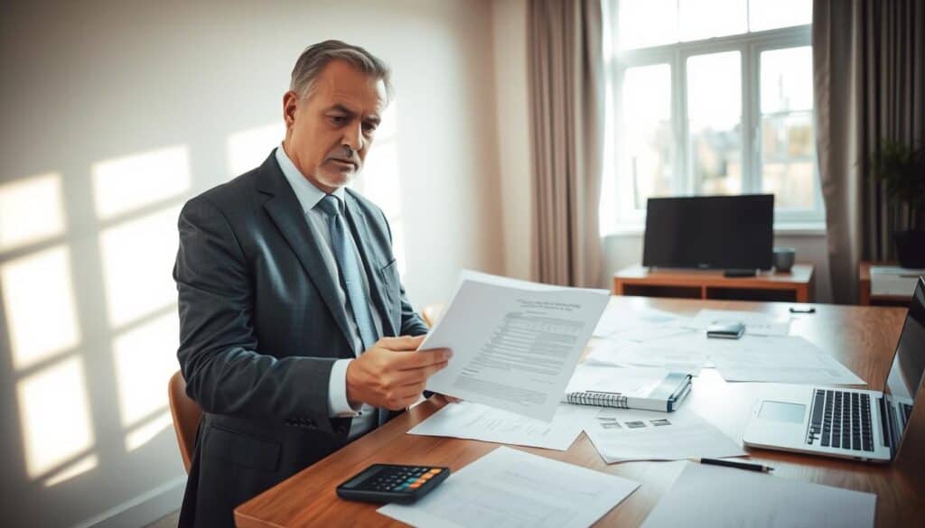 A professional insurance assessor examining a document with a detailed report on damage claims. In the foreground, include the assessor, a serious-looking middle-aged individual dressed in formal business attire, holding a clipboard and looking thoughtfully at the report. In the middle ground, place a wooden desk scattered with paperwork, a calculator, and a laptop. In the background, a window allowing soft natural light to fill the room, casting gentle shadows that enhance the professional atmosphere. The room is decorated with neutral color tones, giving it a calm and focused mood, suitable for an analytical environment where critical evaluations are made. The image should convey diligence and the meticulous nature of the verification process. A professional insurance assessor examining a document with a detailed report on damage claims. In the foreground, include the assessor, a serious-looking middle-aged individual dressed in formal business attire, holding a clipboard and looking thoughtfully at the report. In the middle ground, place a wooden desk scattered with paperwork, a calculator, and a laptop. In the background, a window allowing soft natural light to fill the room, casting gentle shadows that enhance the professional atmosphere. The room is decorated with neutral color tones, giving it a calm and focused mood, suitable for an analytical environment where critical evaluations are made. The image should convey diligence and the meticulous nature of the verification process.