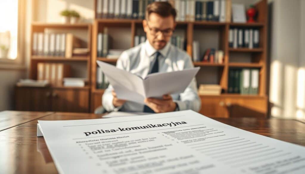 A professional office scene showcasing a detailed "polisa komunikacyjna" (insurance policy) document prominently placed in the foreground on an elegant wooden desk. The document features clear headings and diagrams, suggesting its importance. In the middle ground, an insurance specialist in smart business attire is intently reviewing the policy, a look of concentration on their face. Behind them, shelves filled with insurance-related books and files create a sense of expertise and knowledge. Natural light filters through a large window, casting a warm glow across the scene, enhancing the atmosphere of professionalism and thoroughness. The overall mood is serious yet optimistic, reflecting the pursuit of alternative possibilities for compensation. A professional office scene showcasing a detailed "polisa komunikacyjna" (insurance policy) document prominently placed in the foreground on an elegant wooden desk. The document features clear headings and diagrams, suggesting its importance. In the middle ground, an insurance specialist in smart business attire is intently reviewing the policy, a look of concentration on their face. Behind them, shelves filled with insurance-related books and files create a sense of expertise and knowledge. Natural light filters through a large window, casting a warm glow across the scene, enhancing the atmosphere of professionalism and thoroughness. The overall mood is serious yet optimistic, reflecting the pursuit of alternative possibilities for compensation.