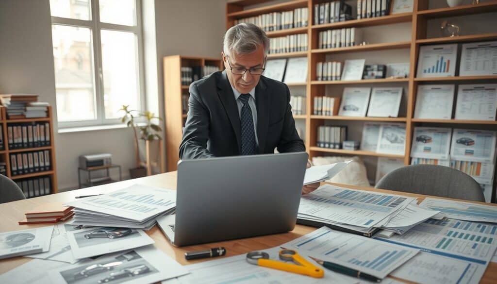 A professional office setting focused on the analysis of damage valuation post-collision. In the foreground, a diligent insurance adjuster, a middle-aged person in professional attire, examines various documents and reports, with a laptop open displaying graphs and data. In the middle, a large table is cluttered with car accident images, inspection tools, and estimation sheets, signifying the meticulous assessment process. The background reveals a well-organized office with shelves filled with legal books and charts illustrating various damage assessments, bathed in soft, natural light filtering in through a large window, creating a calm, focused atmosphere that highlights the seriousness of the valuation process. The lens is slightly angled to provide depth, inviting viewers into the scene without distractions. A professional office setting focused on the analysis of damage valuation post-collision. In the foreground, a diligent insurance adjuster, a middle-aged person in professional attire, examines various documents and reports, with a laptop open displaying graphs and data. In the middle, a large table is cluttered with car accident images, inspection tools, and estimation sheets, signifying the meticulous assessment process. The background reveals a well-organized office with shelves filled with legal books and charts illustrating various damage assessments, bathed in soft, natural light filtering in through a large window, creating a calm, focused atmosphere that highlights the seriousness of the valuation process. The lens is slightly angled to provide depth, inviting viewers into the scene without distractions.