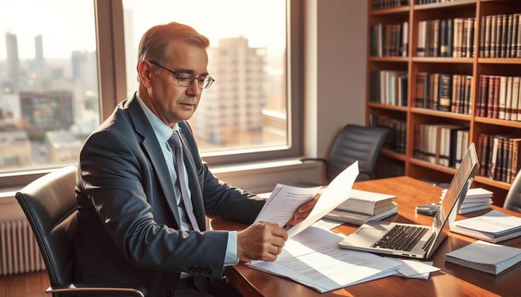 A professional setting illustrating the concept of damage assessment and appeal preparation. In the foreground, a well-dressed businessperson, a middle-aged Caucasian man, sits at a desk adorned with papers and a laptop, looking focused while reviewing documents. In the middle ground, there’s a large window with natural light streaming in, casting soft shadows on the desk. Around the window, a cityscape is visible outside, hinting at a business environment. In the background, a bookshelf filled with legal and insurance literature adds context. The atmosphere is serious but hopeful, with warm lighting creating an inviting yet professional tone, emphasizing diligence in the process of preparing an appeal for a damage claim valuation. A professional setting illustrating the concept of damage assessment and appeal preparation. In the foreground, a well-dressed businessperson, a middle-aged Caucasian man, sits at a desk adorned with papers and a laptop, looking focused while reviewing documents. In the middle ground, there’s a large window with natural light streaming in, casting soft shadows on the desk. Around the window, a cityscape is visible outside, hinting at a business environment. In the background, a bookshelf filled with legal and insurance literature adds context. The atmosphere is serious but hopeful, with warm lighting creating an inviting yet professional tone, emphasizing diligence in the process of preparing an appeal for a damage claim valuation.