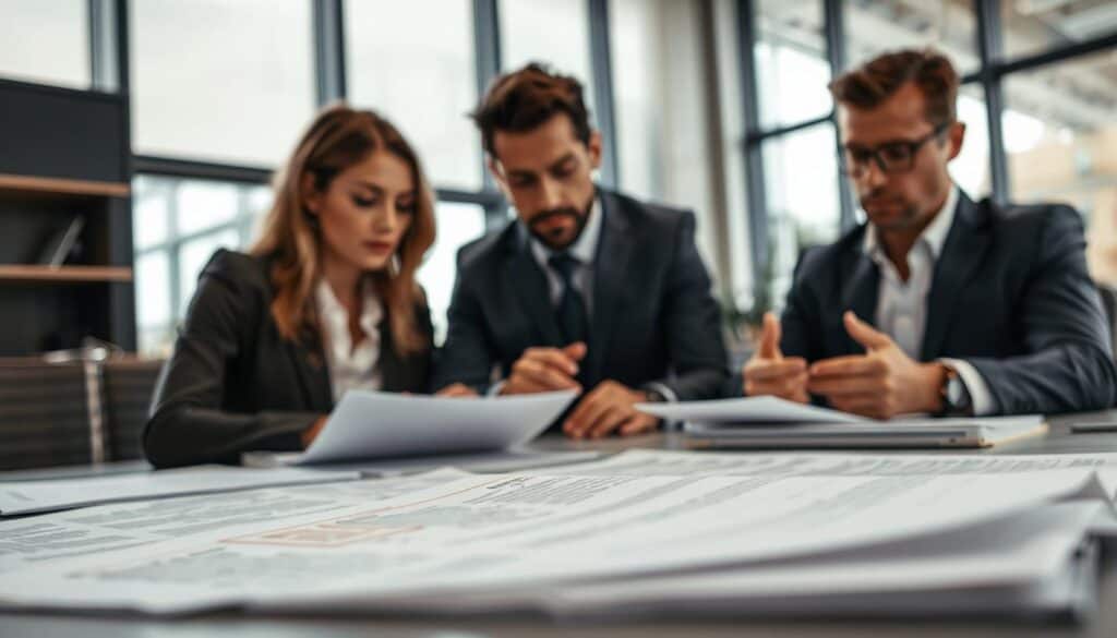A scene depicting a professional setting for damage valuation verification, featuring a diverse group of three individuals—one woman and two men—dressed in business attire, engaged in a discussion over documents spread on a table. The foreground shows a detailed close-up of paperwork with highlighted errors on a contract, while the middle ground captures the engrossed expressions of the individuals as they analyze the documents. The background features a modern office environment with a large window allowing natural light to illuminate the space, casting soft shadows. The atmosphere is serious yet collaborative, emphasizing the importance of accuracy in damage evaluations after a collision. The lens is focused sharply on the group, creating a bokeh effect in the background to draw attention to their interaction. A scene depicting a professional setting for damage valuation verification, featuring a diverse group of three individuals—one woman and two men—dressed in business attire, engaged in a discussion over documents spread on a table. The foreground shows a detailed close-up of paperwork with highlighted errors on a contract, while the middle ground captures the engrossed expressions of the individuals as they analyze the documents. The background features a modern office environment with a large window allowing natural light to illuminate the space, casting soft shadows. The atmosphere is serious yet collaborative, emphasizing the importance of accuracy in damage evaluations after a collision. The lens is focused sharply on the group, creating a bokeh effect in the background to draw attention to their interaction.