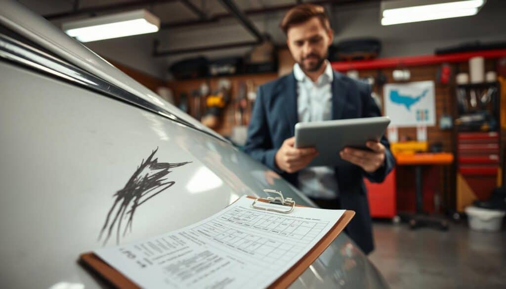 A close-up view of a damaged vehicle in a well-lit garage environment, emphasizing a deep scratch on the car's side panel. The foreground features a clipboard with detailed assessments and notes regarding the damage evaluation. In the middle ground, a professional in smart casual attire is inspecting the damage, holding a digital tablet with graphs and images related to the collision analysis. The background displays various tools and equipment for vehicle repair, creating a realistic workshop ambiance. Soft, diffused lighting highlights the scratches and the thoughtful expression of the inspector, evoking a sense of careful analysis and professionalism. The overall mood is serious and focused, reflecting the meticulous nature of vehicle appraisal after a collision. A close-up view of a damaged vehicle in a well-lit garage environment, emphasizing a deep scratch on the car's side panel. The foreground features a clipboard with detailed assessments and notes regarding the damage evaluation. In the middle ground, a professional in smart casual attire is inspecting the damage, holding a digital tablet with graphs and images related to the collision analysis. The background displays various tools and equipment for vehicle repair, creating a realistic workshop ambiance. Soft, diffused lighting highlights the scratches and the thoughtful expression of the inspector, evoking a sense of careful analysis and professionalism. The overall mood is serious and focused, reflecting the meticulous nature of vehicle appraisal after a collision.