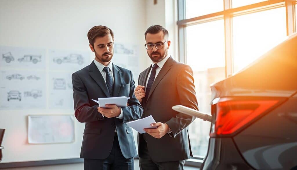 A competent automotive expert, dressed in a sharp business suit, examines a car's damaged rear quarter panel while standing in a modern office environment. In the foreground, the expert is focused and analytical, holding a notepad and a measuring tool, with a serious expression that conveys professionalism and expertise. The middle section features a sleek, elegantly designed office with large windows allowing natural light to flood the space, enhancing the warm atmosphere. In the background, automotive blueprints and diagrams adorn the walls, symbolizing the depth of knowledge in vehicle assessment. The lighting is bright and clear, evoking a sense of clarity and precision. The angle is a slightly elevated view, capturing both the expert's meticulous examination and the sophisticated surroundings that reflect the role of a specialist in damage valuation.