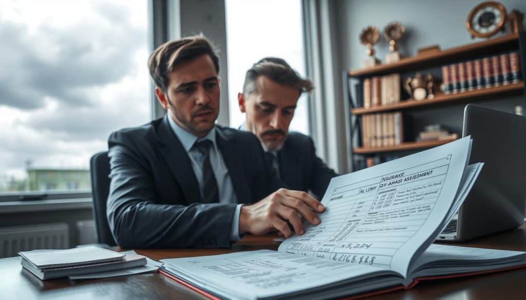 A concerned insurance adjuster, dressed in a professional suit, is sitting at a desk cluttered with documents and a laptop, analyzing a claim report. In the foreground, an open notepad displays scribbled calculations and notes about the low damage assessment. The middle ground reveals a large window showcasing gray clouds and rain, creating a moody and tense atmosphere. The background features shelves filled with insurance policy books and awards, emphasizing professionalism. Soft, natural light filters through the window, casting shadows and highlighting the adjuster’s focused expression. Capture the scene from a slightly elevated angle, providing a sense of urgency and seriousness to the insurance claims process. The overall mood should convey concern and determination, reflecting the challenges of addressing a low damage evaluation.