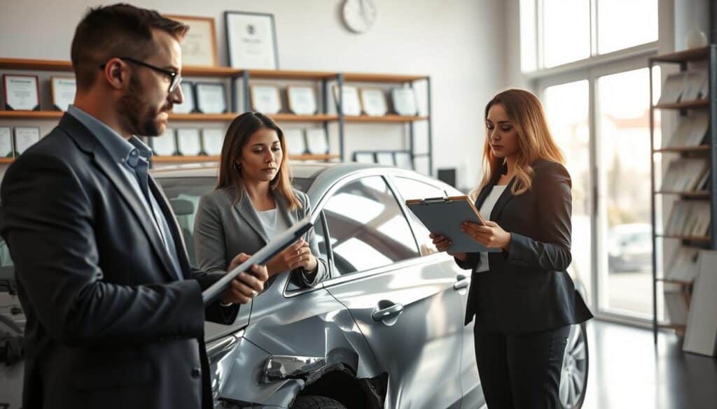 A confident male and female damage appraisers are thoroughly examining a damaged vehicle in a bright, modern office setting. The foreground features the appraisers clad in professional business attire, focused and engaged in their analysis, with one examining the car’s dents with a clipboard in hand. The middle shows the car, a mid-size sedan, with visible damage to its side panels, illuminated by soft, natural light streaming through large windows. In the background, shelves filled with industry manuals and certificates signify professionalism. The atmosphere is serious yet collaborative, emphasizing trust and expertise, captured with a slightly shallow depth of field to draw attention to the appraisers and the damaged vehicle, all rendered in high-resolution detail.