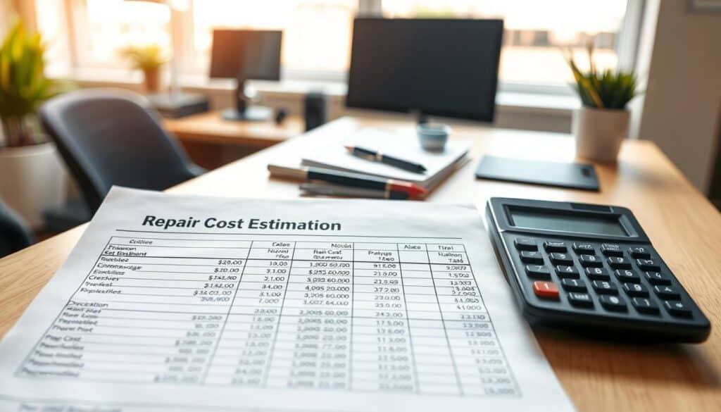 A detailed repair cost estimate document displayed prominently in the foreground, featuring neatly organized rows of calculations and itemized lists. In the middle ground, include tools such as a calculator, a notebook, and a pen, symbolizing the process of evaluation. The background should be a soft-focused office setting with a desk, a computer, and a window allowing natural light to filter in, creating a warm and professional atmosphere. The lighting should be bright yet soft, casting gentle shadows to enhance depth. The scene evokes a mood of expertise and trustworthiness, suitable for a professional assessment environment.