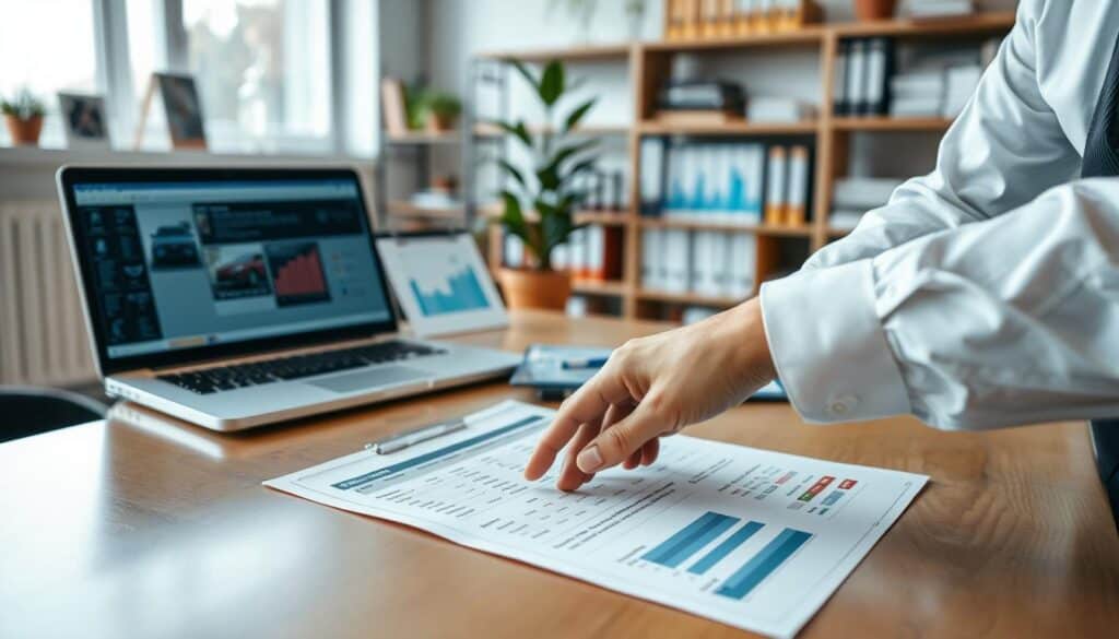 A detailed vehicle repair cost estimate document is laid out on a sleek wooden desk, illuminated by soft, ambient lighting. In the foreground, a pair of professional hands, clad in a tailored white shirt and dark trousers, are pointing to specific items on the page, illustrating attention to detail and professionalism. In the middle ground, there's an open laptop displaying automotive repair software, and a tablet showing graphs related to vehicle value assessments. The background features a well-organized office space with shelves of automotive reference books and a potted plant, exuding a calm and focused atmosphere. The angle captures the essence of expertise and reliability in vehicle damage evaluations, inviting the viewer to engage with the subject.