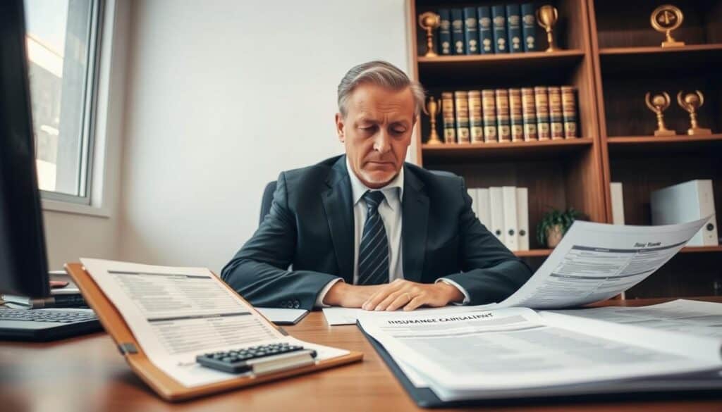 A professional and engaging office setting depicting a person in business attire, sitting at a desk surrounded by paperwork related to insurance claims. The foreground showcases a clipboard filled with forms and a calculator, symbolizing calculations for damage valuation. In the middle, a thoughtful individual, a middle-aged man or woman with a concerned but determined expression, studies documents about their rights as a claimant, focusing on claims and evaluations. The background features shelves with insurance books and awards, hinting at expertise and authority. Soft, natural lighting filters through a window, creating a calm and focused atmosphere. The angle captures the scene from slightly above the desk level, highlighting the importance of the subject matter while maintaining a professional tone.