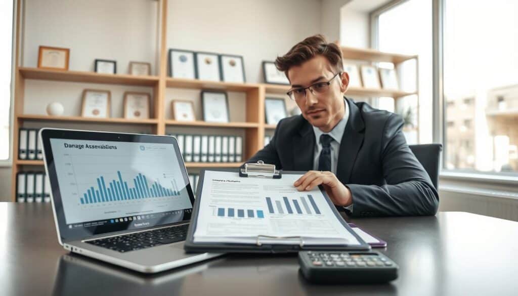 A professional and serene office environment, featuring a well-dressed financial consultant analyzing a detailed damage assessment report on a sleek desk. In the foreground, a modern laptop displays graphs and calculations related to vehicle damage valuations. The middle section includes a clipboard with an independent evaluation form and a calculator. The background shows shelves filled with industry books and certificates, conveying expertise and reliability. Soft natural light streams through large windows, creating a bright and inviting atmosphere. The angle is slightly from above, providing a clear view of the consultant's focused expression. The overall mood is one of trust, professionalism, and transparency in independent evaluations.