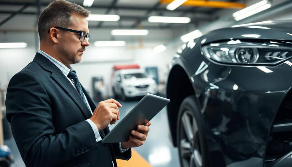 A professional automotive appraiser, wearing a formal suit and glasses, examines a damaged vehicle in a well-lit garage. In the foreground, focus on the appraiser holding a digital tablet, analyzing images of car damage. The middle ground showcases the vehicle, with noticeable dents and scratches, illuminated by bright overhead lights, reflecting the meticulous scrutiny of the appraisal process. The background features tools and equipment used for car assessment, hinting at a technical and professional environment. The overall atmosphere is serious and analytical, capturing the essence of the appraiser's role in accurately assessing vehicle damages. Use a sharp focus and a slightly angled view to emphasize the appraiser's concentration and the details of the vehicle.