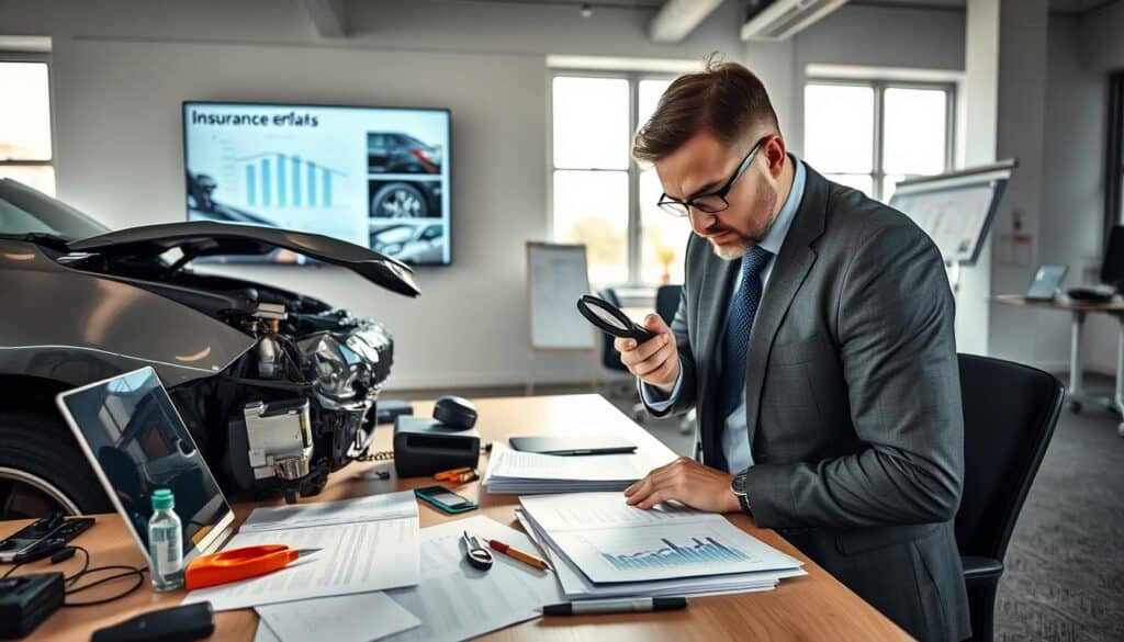 A professional automotive expert, or 'rzeczoznawca komunikacyjny', analyzing a vehicle in a modern office setting. In the foreground, the expert, dressed in a smart business attire, is examining a car's damaged parts with a magnifying glass. The middle ground features a large desk cluttered with detailed reports, measuring tools, and a laptop displaying graphs. In the background, a wall-mounted screen showcases insurance data and repair images, while large windows let in soft, natural light, casting gentle shadows. The atmosphere is focused and professional, emphasizing collaboration and expertise in vehicle damage assessment. The camera angle is slightly elevated, providing a comprehensive view of the workspace.