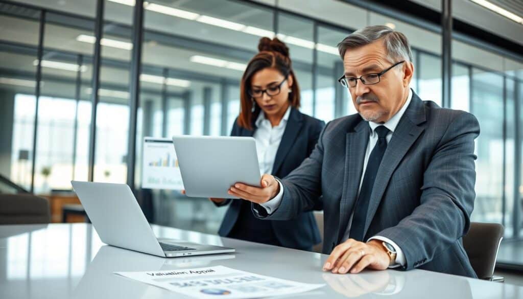 A professional business setting with a diverse group of three individuals engaged in a serious discussion. In the foreground, a middle-aged man in a tailored suit is pointing to a document labeled 'Valuation Appeal' on a conference table, showcasing determination. In the middle ground, a woman in smart attire examines a laptop screen, displaying graphs and charts related to claims. The background features a sleek modern office with large windows, allowing natural light to flood in, creating a bright and focused atmosphere. The camera angle is slightly elevated, capturing the intensity of the meeting while maintaining a professional demeanor. The mood is serious and collaborative, emphasizing the importance of a proper appeal process in accident damage valuation.