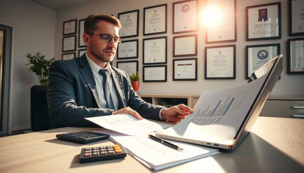 A professional consultant, dressed in business attire, sits at a modern desk in an office environment, examining documents related to vehicle damage assessment. The foreground features a close-up of a laptop displaying detailed analysis reports alongside a calculator and notepad. In the middle background, a large window allows natural light to filter in, illuminating various certificates and awards hanging on the wall, emphasizing the expertise of the consultant. Soft, warm lighting creates a welcoming atmosphere. The overall mood is one of professionalism, diligence, and clarity, highlighting the process of submitting an appeal for a low vehicle damage valuation. The scene is captured with a slight overhead angle to convey a sense of depth and focus on the consultant's work.