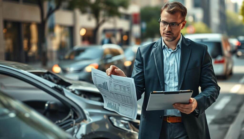 A professional evaluating road damage, standing confidently near a damaged vehicle in a well-lit, urban environment. In the foreground, the expert, dressed in a smart business suit, examines a detailed repair estimate on a clipboard. The middle ground features a damaged car with a visible dent and broken glass, symbolizing an accident scene. The background showcases a busy city street, with blurred traffic, enhancing the sense of urgency and realism. Soft, natural lighting casts gentle shadows, while a slightly elevated angle captures both the expert's focused expression and the damage being assessed. The overall atmosphere is serious and investigative, reflecting the task of determining insurance valuations.