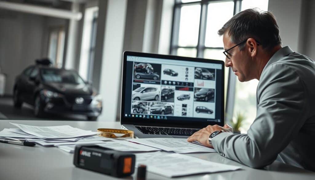 A professional evaluating vehicle damage in a modern office setting, focusing on a laptop screen displaying detailed damage reports and photographs of a car accident. The foreground features the evaluator, a person dressed in formal business attire, analyzing the data with a concentrated expression. In the middle ground, there are various documents and a measuring tape laid out on a desk, providing context to the assessment process. The background should show a large window with natural light illuminating the workspace, creating a bright and organized atmosphere. The overall mood is serious and analytical, reflecting the importance of accurate damage valuation in insurance claims. The lens should capture a medium shot, emphasizing both the evaluator’s intent focus and the detailed assessment elements.
