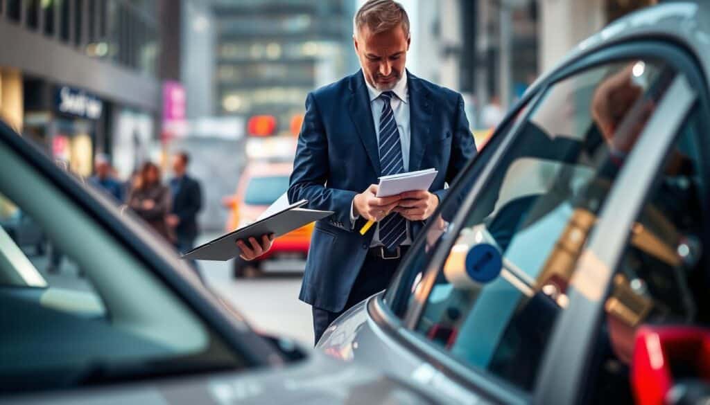 A professional insurance adjuster, dressed in business attire, is inspecting a damaged vehicle in an urban setting, reflecting the theme of vehicle damage valuation. The foreground features the adjuster examining the vehicle from different angles, holding a clipboard and a measuring tool to assess the damage. In the middle, the damaged vehicle is prominently displayed, showcasing noticeable scratches and dents with a backdrop of a bustling city street. The background includes blurred buildings and pedestrians, emphasizing a professional atmosphere. The lighting is bright and well-lit, creating a clear, realistic scene that conveys seriousness and diligence. The mood is focused and analytical, highlighting the importance of accurate vehicle valuation in the context of insurance assessments.