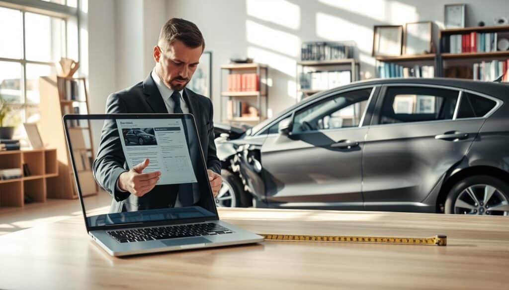 A professional insurance adjuster examining a damaged car in a well-lit office environment. In the foreground, the adjuster, wearing a smart business suit, is focused on a detailed laptop screen showing the assessment report. In the middle ground, a visibly damaged vehicle is parked, displaying subtle details like dents and scratches, with a measuring tape laid out beside it for accuracy. In the background, shelves filled with industry reference books and certificates emphasize the expertise of the adjuster. Natural light streaming through a large window casts soft shadows, creating a serious yet professional atmosphere. The image should convey diligence and attention to detail, reflecting the importance of accurate vehicle damage assessment.
