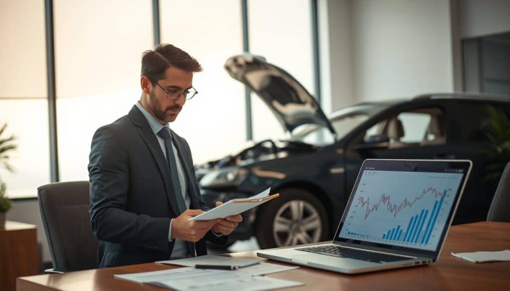 A professional insurance adjuster reviewing a damaged car in an office setting, with papers and a laptop on the desk displaying financial charts. The foreground features the adjuster, dressed in a smart business suit, making notes on a clipboard. In the middle ground, the damaged vehicle is shown partially visible through a large office window, emphasizing the disparity between the adjuster's evaluation and the real cost of repairs. The background includes soft, natural lighting coming from the window, casting a calm yet serious atmosphere. The overall mood conveys tension and concern over financial security following an accident, illustrating the complex relationship between damage assessment and actual costs. A professional insurance adjuster reviewing a damaged car in an office setting, with papers and a laptop on the desk displaying financial charts. The foreground features the adjuster, dressed in a smart business suit, making notes on a clipboard. In the middle ground, the damaged vehicle is shown partially visible through a large office window, emphasizing the disparity between the adjuster's evaluation and the real cost of repairs. The background includes soft, natural lighting coming from the window, casting a calm yet serious atmosphere. The overall mood conveys tension and concern over financial security following an accident, illustrating the complex relationship between damage assessment and actual costs.