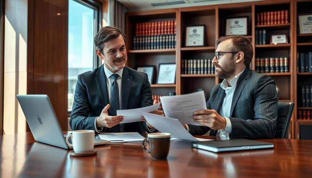A professional lawyer in a sleek office setting, discussing legal support options with a client after a motorcycle accident. Foreground features a polished wooden desk with legal documents, a laptop, and a coffee cup. The lawyer, dressed in formal business attire, gestures towards the documents, showing empathy and understanding. The client, wearing professional casual clothing, looks concerned yet attentive. In the middle ground, a window reveals a clear blue sky suggesting hope. The background is softly blurred, showcasing bookshelves filled with legal books and framed certificates. The atmosphere is serious yet supportive, emphasizing trust and collaboration. Soft natural lighting illuminates the scene, highlighting the expressions of both individuals, captured using a 35mm lens for a warm, inviting perspective.