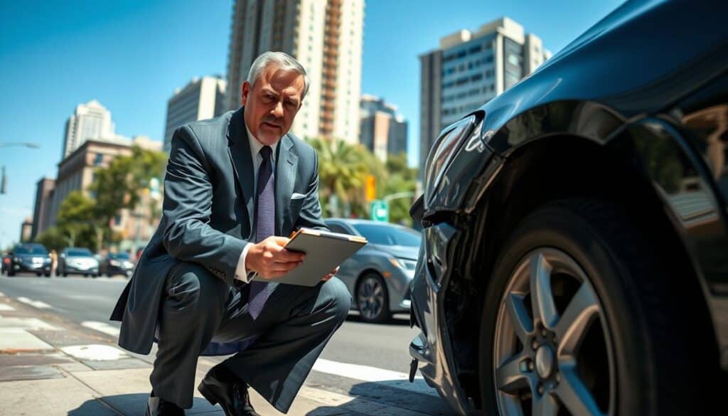 A professional loss adjuster examining a vehicle accident scene in a well-lit urban environment. In the foreground, the adjuster, a middle-aged man in a smart business suit, is kneeling next to a damaged car, taking notes on a clipboard. His expression is focused and analytical. The middle ground features a city street with other vehicles and a small crowd observing respectfully. In the background, tall buildings and a clear blue sky create a vibrant urban atmosphere. The lighting is bright and natural, suggesting a sunny day. The composition is framed to draw the viewer's eye towards the adjuster, capturing the essence of his detailed work in assessing the damage.