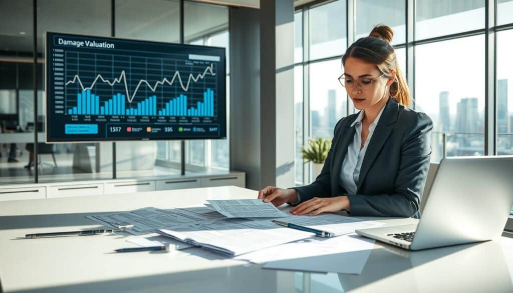 A professional, modern office setting illustrating the verification of a damage valuation. In the foreground, a focused businesswoman in professional attire is analyzing documents spread out on a sleek desk, surrounded by a laptop and stationery. The middle layer features charts and graphs on a large digital screen displaying trends in damage valuations. In the background, glass windows let in natural light, creating a bright and inviting atmosphere with a city skyline visible. Soft shadows enhance the mood of diligence and attention to detail, suggesting a methodical approach to verifying damage assessments. The composition is shot from a slightly elevated angle, providing a comprehensive view of the workspace.