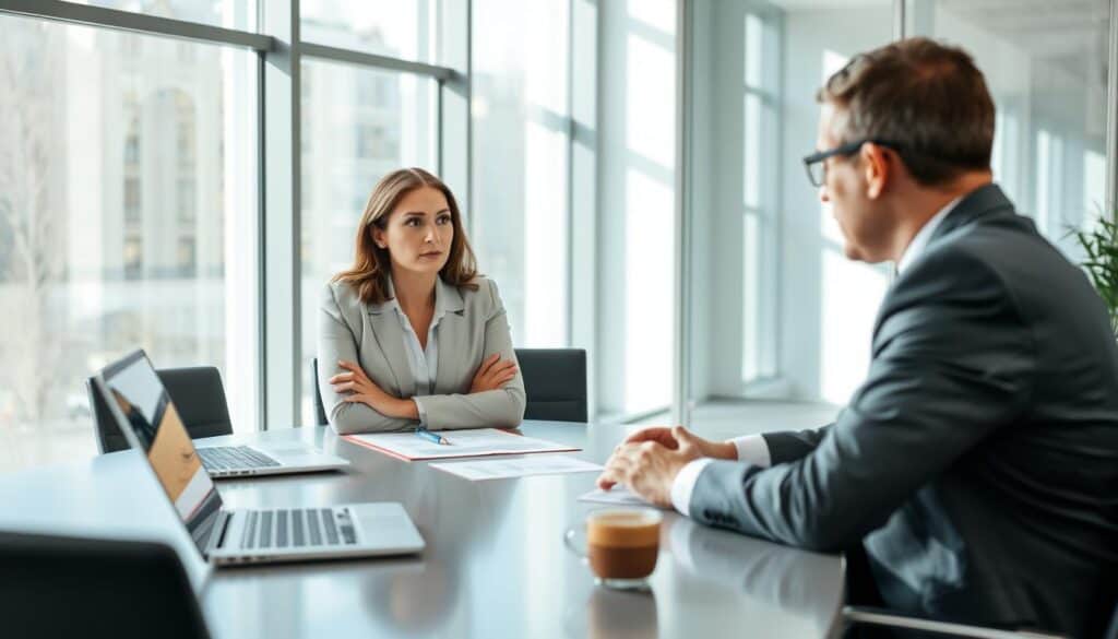 A professional negotiation scene set in a bright, modern office environment. In the foreground, a confident woman in business attire is sitting at a sleek conference table, engaging in a discussion with a man across from her, who is also dressed in formal business wear. Both appear focused and determined, illustrating the tension of negotiating a compensation amount. The middle ground features legal documents and a laptop open on the table, with a calculator and a cup of coffee. In the background, large windows allow natural light to pour in, casting soft shadows and creating a productive atmosphere. The overall mood is serious yet collaborative, highlighting the importance of negotiation in securing fair compensation. The scene is captured from a slightly elevated angle, emphasizing the professional setting.