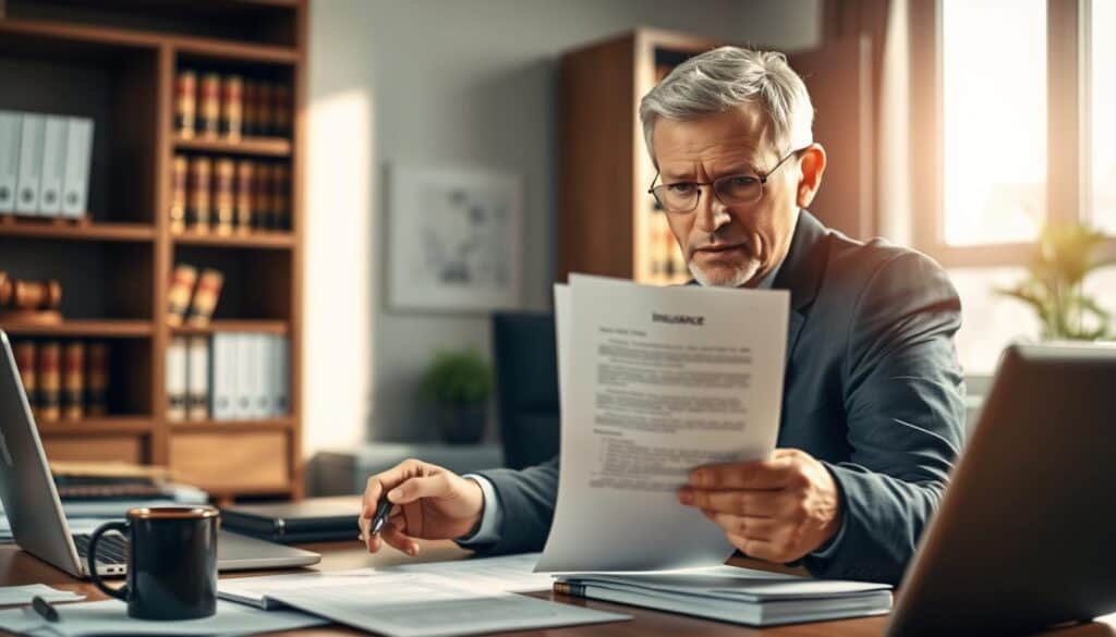A professional office setting featuring a thoughtful individual reviewing an insurance decision letter. In the foreground, focus on a middle-aged person in a smart business suit, holding a pen and pointing at the document on their desk, showcasing a look of determination and contemplation. The middle ground includes a cluttered desk with a laptop, legal papers, and a cup of coffee, indicating a busy work environment. In the background, softly blurred shelves filled with law books and a window with natural light streaming in, creating a calm yet serious atmosphere. The lighting is warm and inviting, emphasizing the seriousness of the task. The scene conveys a mood of professionalism and resolve, highlighting the process of appealing an insurance decision.