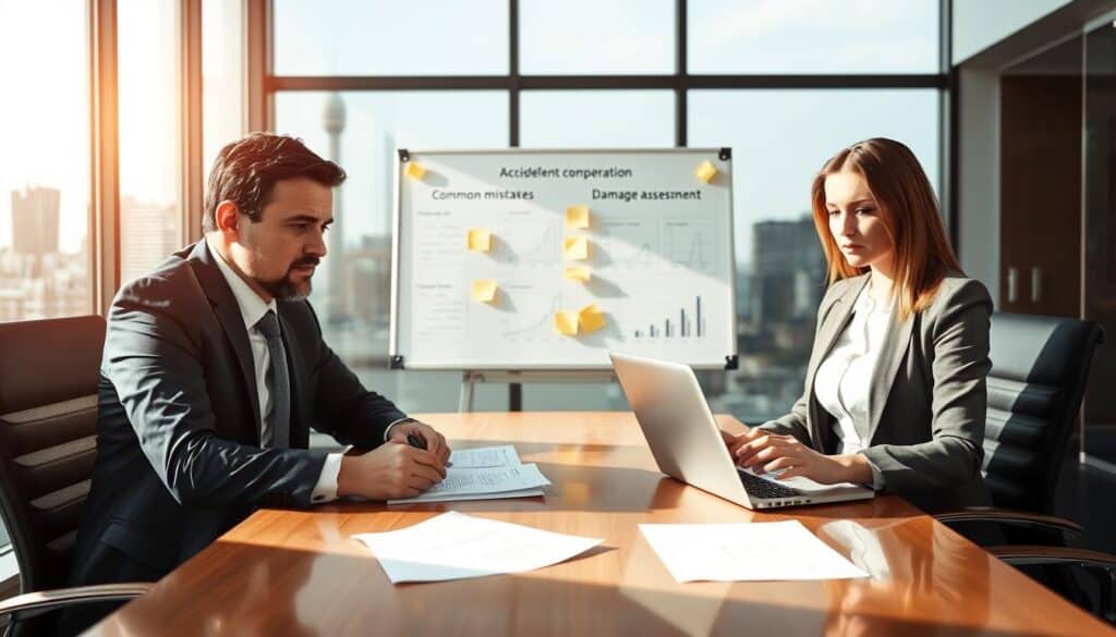 A professional office setting showcasing a meeting between two businesspeople discussing an accident compensation case. In the foreground, a man and a woman in smart business attire, seated at a polished conference table, examining documents and a laptop with a concerned expression. In the middle, a whiteboard with charts and graphs illustrating common mistakes in damage assessment, adorned with sticky notes. In the background, a large window with natural light streaming in, revealing a city skyline. The mood is serious yet collaborative, highlighting the importance of precise evaluations in compensation cases, with soft shadows and focused lighting to enhance the atmosphere of professionalism and urgency.
