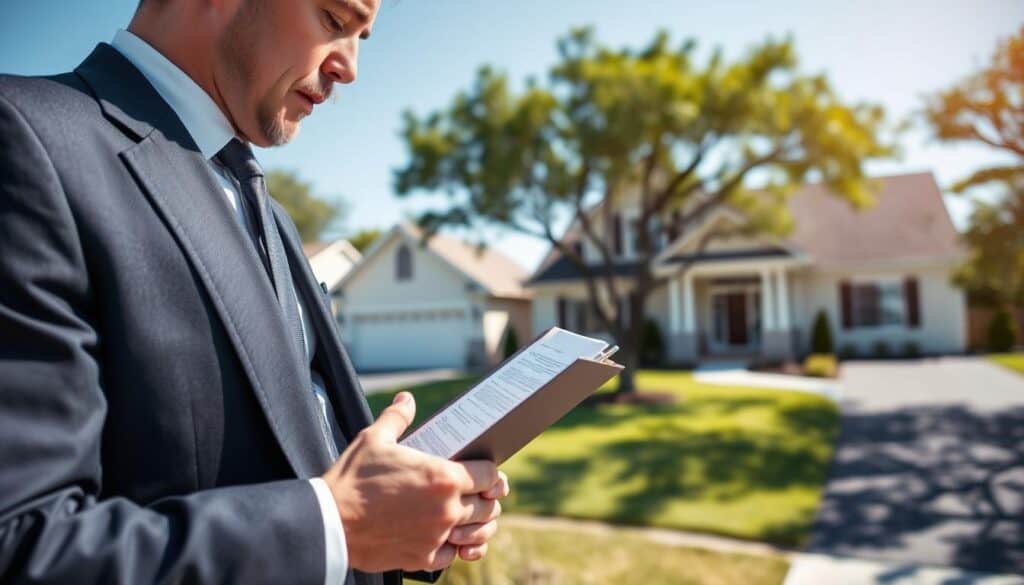 A professional property appraiser, dressed in smart business attire, is analyzing a residential property in an outdoor setting. In the foreground, the appraiser is holding a clipboard and looking closely at the details of the house's facade. The middle ground features a well-maintained home with a manicured lawn and clear blue sky. The appraiser's focused expression conveys diligence and expertise. In the background, a few trees provide shade, and a driveway leads to the house, suggesting a suburban neighborhood. The lighting is natural and bright, creating a sense of clarity and professionalism. The overall atmosphere is serious and dedicated, reflecting the important role of the appraiser in the property evaluation process.