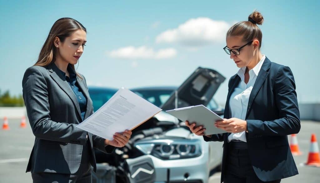 A professional setting depicting a car accident damage assessment. In the foreground, a male and female automotive expert in business attire (suits) are discussing a detailed report on a clipboard, with concentration on their faces. The middle ground features a damaged car with visible scratches and dents, parked in an open area with cones around it. In the background, a clear blue sky complements a few fluffy clouds. The lighting is bright and natural, casting soft shadows to emphasize the details of the vehicle and expressions of the experts. The atmosphere is serious yet focused, showcasing the importance of an accurate appraisal in determining costs associated with car accident assessments. A professional setting depicting a car accident damage assessment. In the foreground, a male and female automotive expert in business attire (suits) are discussing a detailed report on a clipboard, with concentration on their faces. The middle ground features a damaged car with visible scratches and dents, parked in an open area with cones around it. In the background, a clear blue sky complements a few fluffy clouds. The lighting is bright and natural, casting soft shadows to emphasize the details of the vehicle and expressions of the experts. The atmosphere is serious yet focused, showcasing the importance of an accurate appraisal in determining costs associated with car accident assessments.
