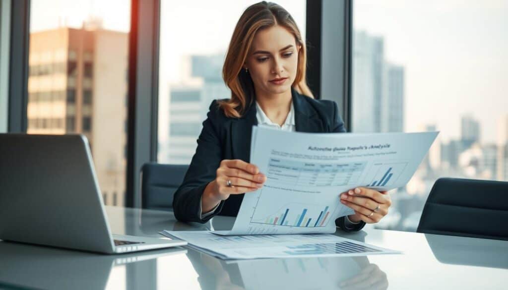 A professional setting featuring a confident businesswoman examining automotive damage reports at a sleek, modern conference table. In the foreground, she is analyzing a complex document with graphs and figures, showcasing the concept of reverse valuation analysis. The middle ground includes a laptop displaying digital data charts, while a window in the background reveals an urban skyline under soft, natural lighting. The scene conveys a mood of determination and focus, emphasizing negotiation and expertise in dealing with insurance claims. Capture the atmosphere with a slight depth of field to highlight the subject's concentration, using a warm color palette to instill trust and professionalism. Ensure the businesswoman is dressed in professional business attire, reflecting her role as a specialist.