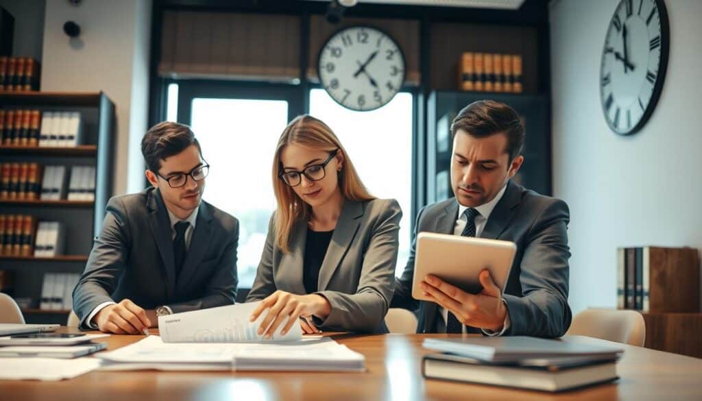 A professional setting featuring a diverse group of insurance experts negotiating in a well-lit office. In the foreground, two professionals—one male and one female—are reviewing documents intently, showcasing expressions of focus and determination. The female expert, dressed in a smart blazer and glasses, points to a graph on the table. The male expert, in a tailored suit, listens attentively, taking notes on a tablet. In the middle ground, a large window allows natural light to flood the room, creating a warm atmosphere. The background includes shelves filled with legal books and a large clock, emphasizing the seriousness of the negotiation process. The overall mood is collaborative and resolute, reflecting expert support in insurance claims negotiations.