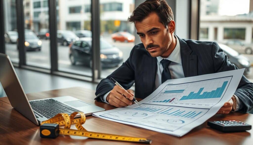 A professional setting in an office, focused on a desk with a detailed vehicle damage assessment report. In the foreground, a well-dressed expert examines the report with a thoughtful expression, pen in hand, and a laptop open beside him, displaying graphs and charts. The middle ground features a physical inspection tool like a measuring tape and a calculator, symbolizing the evaluation process. The background reveals a large window showing urban traffic, hinting at the context of vehicle accidents. Soft, natural lighting filters through the window, creating a focused and serious atmosphere. The image conveys professionalism and expertise, reflecting the evaluation of vehicle damage quality.