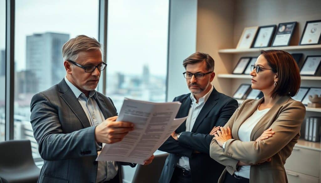 A professional vehicle damage appraiser in a sleek office setting, engaging in a consultation with a thoughtful client. The appraiser, a middle-aged man in a tailored suit, reviews detailed reports on a modern laptop, while the client, a woman in smart casual attire, listens attentively, looking slightly anxious yet hopeful. In the background, soft lighting creates a warm atmosphere with a large window revealing a cityscape. Shelves lined with industry-related documents and awards add credibility to the setting. The focus is on the interaction between the appraiser and the client, highlighting professionalism and trust, with a shallow depth of field blurring the background slightly to draw attention to the conversation.