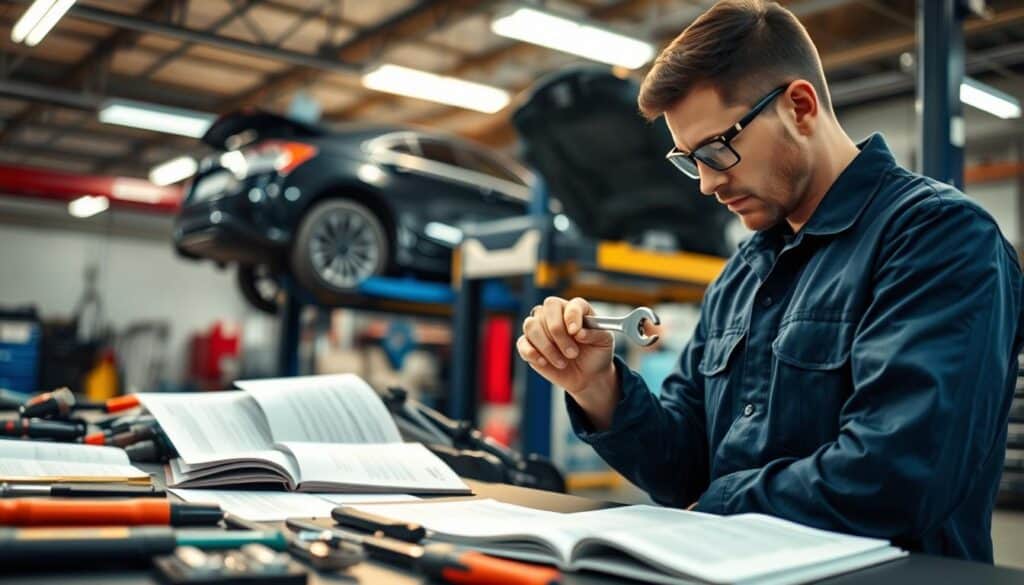 A professional vehicle repair scene, featuring a skilled mechanic in a well-lit garage. The foreground shows a focused mechanic, wearing a clean, dark blue coverall and safety goggles, inspecting a car engine with a wrench in hand. In the middle ground, various tools and equipment are neatly organized on a workbench, alongside opened manuals and paperwork indicative of evaluation reports. The background reveals a partially disassembled vehicle on a lift, with bright overhead lights casting a warm glow, enhancing the atmosphere of productivity and expertise. The image captures a sense of diligence and professionalism, conveying the intricate process of vehicle valuation and repair assessment.