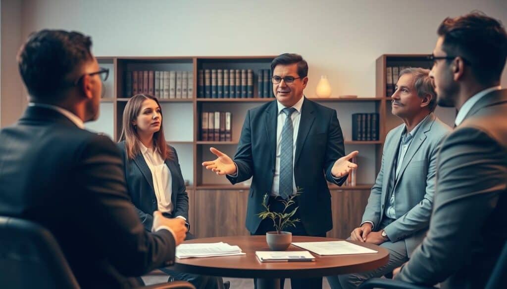 A serene, professional mediation setting depicting a diverse group of individuals engaged in a discussion about insurance disputes. In the foreground, a confident mediator, dressed in a tailored suit, is guiding the conversation, gesturing with empathy. To one side, a couple appears concerned yet hopeful, dressed in business casual attire, while on the opposite side, an insurance representative, also in formal business attire, listens attentively. The middle ground features a round table with legal documents, notepads, and a small potted plant symbolizing growth and resolution. In the background, softly lit office shelves with books on law and negotiation create a calming atmosphere. The overall lighting is warm and inviting, evoking a sense of trust and collaboration as the mediator facilitates the discussion.