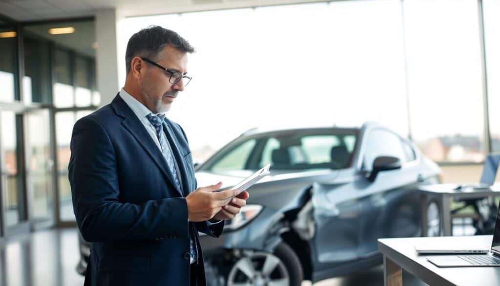 An office setting focused on evaluating car damage claims. In the foreground, a well-dressed insurance adjuster, wearing a navy suit and glasses, is closely examining a damaged vehicle, taking notes on a tablet. The car, with a visible dent and scratches, is parked in front of a modern office building. In the middle ground, a large panoramic window reveals a bright, sunny day with minimal clouds, creating a positive and professional atmosphere. The background features a sleek desk with paperwork and a laptop, emphasizing a corporate environment. Use soft lighting to highlight the adjuster's concentration and the details of the car damage, capturing a moment of professional scrutiny and deliberation. An office setting focused on evaluating car damage claims. In the foreground, a well-dressed insurance adjuster, wearing a navy suit and glasses, is closely examining a damaged vehicle, taking notes on a tablet. The car, with a visible dent and scratches, is parked in front of a modern office building. In the middle ground, a large panoramic window reveals a bright, sunny day with minimal clouds, creating a positive and professional atmosphere. The background features a sleek desk with paperwork and a laptop, emphasizing a corporate environment. Use soft lighting to highlight the adjuster's concentration and the details of the car damage, capturing a moment of professional scrutiny and deliberation.