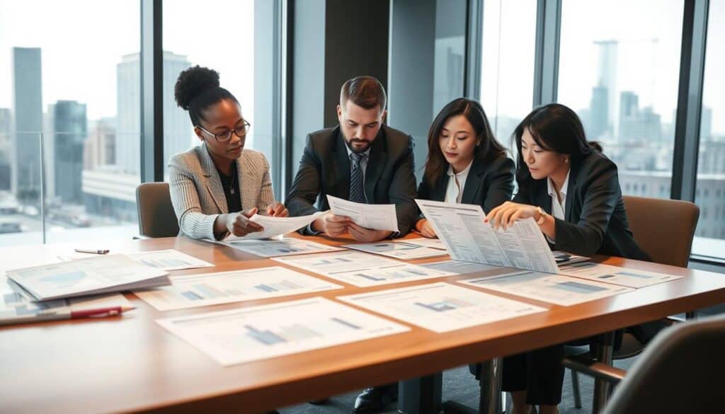 In a modern office setting, a diverse group of professionals in business attire engaged in a discussion around a large conference table, studying various workshop price estimates laid out in front of them. The foreground features detailed documents with charts and numbers, emphasizing the evaluation process. In the middle, the participants, including a Black woman, a Caucasian man, and an Asian woman, are gesturing and pointing at the estimates, showcasing their collaboration. The background presents a large window with natural light filtering in, highlighting a cityscape, giving a sense of transparency and professionalism. The atmosphere is focused and analytical, with a slight warmth from the cozy office lighting, creating an inviting yet serious mood for effective decision-making.