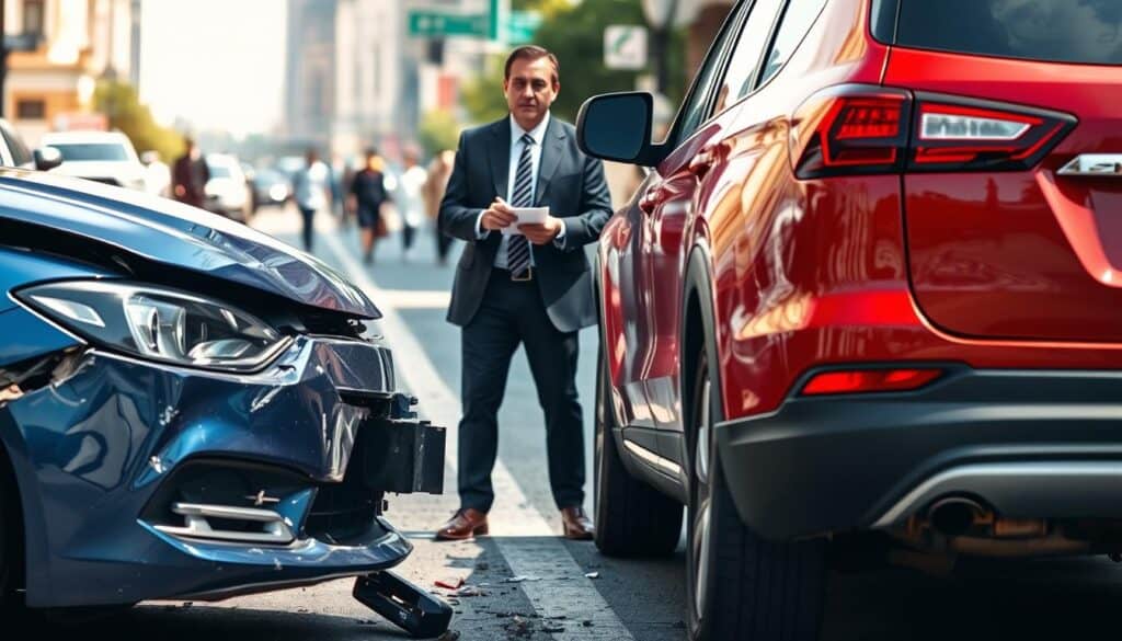 A detailed scene of a road accident, showcasing two damaged vehicles in an urban setting. In the foreground, a sleek blue sedan with crumpled front and a red SUV with shattered rear lights, both with debris scattered around. In the middle ground, a concerned onlooker dressed in professional business attire examines the scene, taking notes. The background displays a busy street with blurred pedestrians and buildings, adding context. The lighting is bright and natural, suggesting a mid-morning scenario, with shadows cast by the vehicles. The atmosphere feels tense yet controlled, highlighting the importance of assessing the situation carefully as investigators might arrive. The composition is captured from a slightly elevated angle to encompass both vehicles and the onlooker.