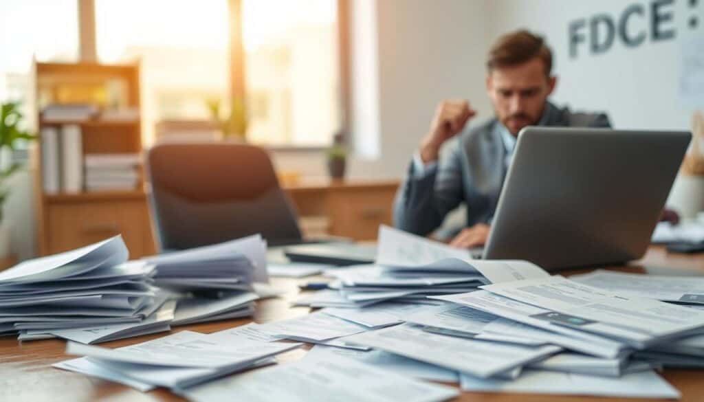A detailed visual representation of additional costs related to an accident, featuring a close-up of scattered receipts and invoices on a wooden desk, with an open laptop displaying insurance claim forms in the background. In the middle ground, include a stressed individual in professional business attire, examining the documents, with a worried expression. The background should show a blurry office environment, with soft, natural lighting filtering through a nearby window, creating a contemplative atmosphere. Utilize a shallow depth of field to keep the focus on the foreground elements, emphasizing the anxiety and complexity of managing accident-related expenses.