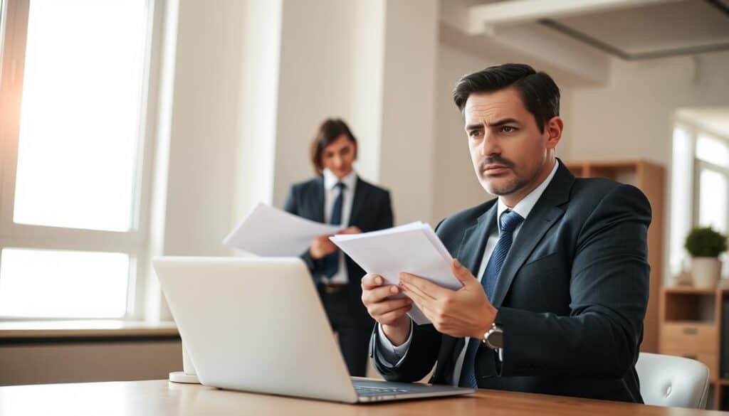 A dynamic negotiation scene between a confident insurance adjuster and a concerned policyholder inside a well-lit office environment. In the foreground, the policyholder, dressed in professional business attire, has a focused expression while holding a stack of documents, embodying determination. The adjuster, also in business attire, sits across the table, maintaining a composed demeanor and taking notes. In the middle ground, a laptop and a coffee mug provide context to the discussion. The background features a large window with sunlight streaming in, illuminating the room and creating a warm, inviting atmosphere. The overall mood reflects professionalism, tension, and the pursuit of a fair resolution.