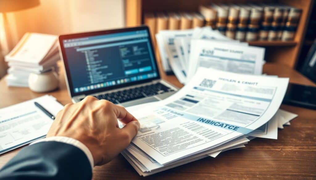 A neat desk scene featuring a variety of documents for verification, such as insurance papers, driver’s licenses, and accident reports, arranged in an organized manner. In the foreground, a hand, dressed in a professional business attire, is sorting through the paperwork, showcasing a sense of diligence and attention to detail. In the middle ground, a laptop displaying a digital file management system is partially visible, adding a modern touch to the scene. The background includes a soft-focus bookshelf with legal and automotive reference books, suggesting a professional environment. The lighting is warm and inviting, creating a focused and serious mood, perfect for a verification process. The image should be composed with a slight overhead angle for greater depth and clarity.