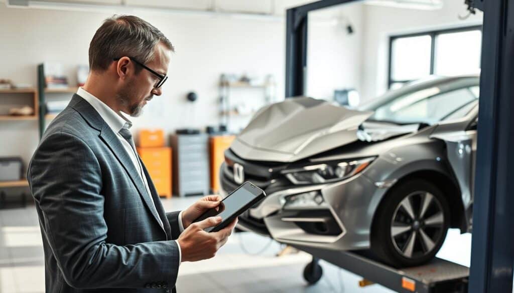 A professional automotive damage assessment scene in a bright and well-lit office environment. In the foreground, a focused male damage appraiser wearing a crisp business suit is carefully examining a damaged car hood using a digital tablet, highlighting specific areas of impact. In the middle ground, the damaged vehicle, a modern sedan with noticeable dents and scratches, is positioned on a sleek automotive repair lift. The background features shelves with automotive manuals, tools, and a large window letting in natural light, creating a clean and organized atmosphere. The overall mood is serious and professional, emphasizing attention to detail in the damage evaluation process. Use soft shadows and clear angles to enhance depth and realism.