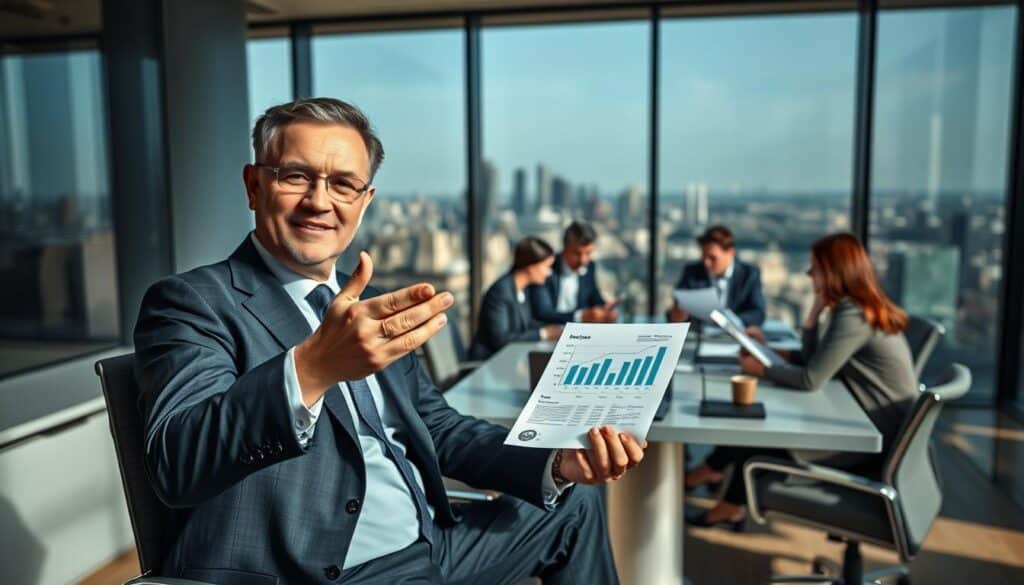 A professional insurance consultant sitting at a modern office desk, engaged in a focused conversation with a client. The foreground features a confident middle-aged man in a tailored suit, gesturing with an outstretched hand, displaying a document with a graph indicating a fair damage assessment. In the middle ground, a diverse group of business professionals, dressed in business attire, gather around a sleek table, reviewing documents and discussing strategies. The background offers a panoramic view of a city skyline through large windows, suggesting a bustling urban setting. Soft, natural lighting illuminates the scene, creating a mood of collaboration and trust, highlighting the importance of expert support in navigating insurance claims.