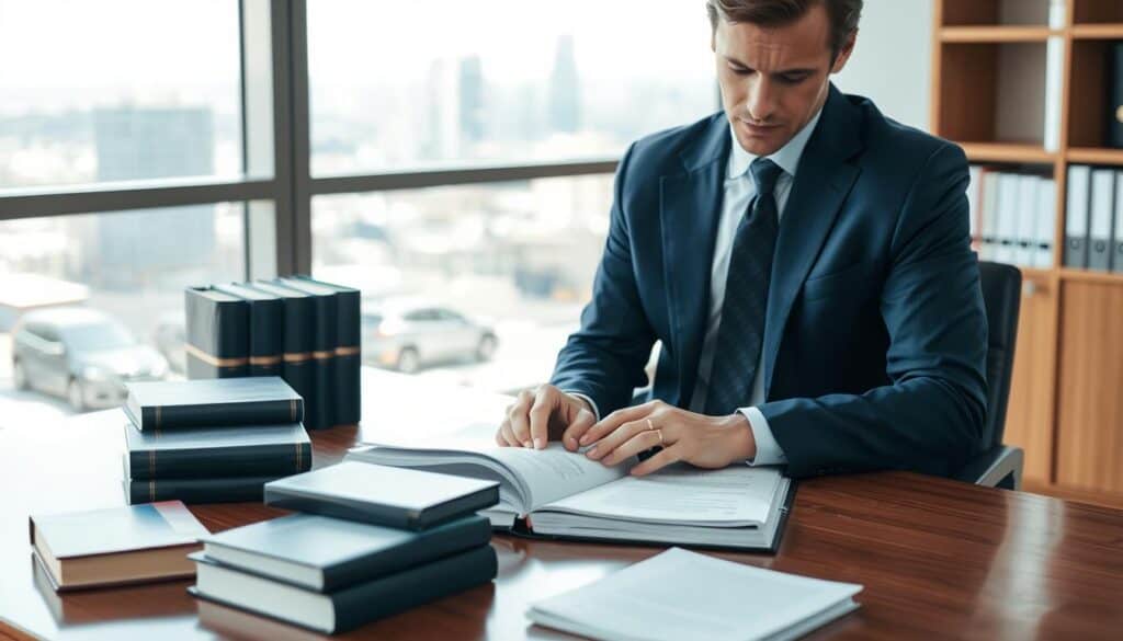 A professional lawyer in a sleek, modern office setting, sitting at a polished wooden desk surrounded by legal books and documents. The lawyer, dressed in a tailored dark blue suit, is examining a case file with a thoughtful expression. Soft, natural light filters in through a large window, creating a warm and inviting atmosphere. In the background, a cityscape is visible, suggesting a bustling urban environment. A sense of focus and determination permeates the image, highlighting the importance of legal support after an accident. The composition should be taken from a slight angle to capture both the lawyer's engaged demeanor and the organized workspace, evoking trust and professionalism in legal assistance.
