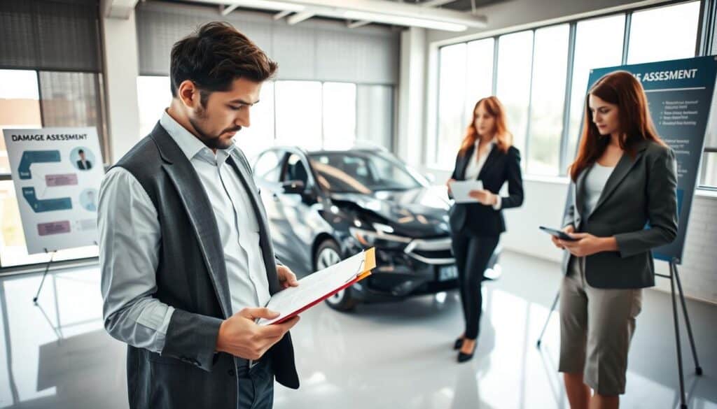 A professional office environment showcasing a vehicle damage assessment process. In the foreground, a male and female insurance adjuster, dressed in business attire, examining a document on a clipboard, with focused expressions. The middle area captures a partially damaged car, with visible dents and scratches, parked on a clean surface. The background includes an office setting with a large window letting in soft, natural light, illuminating the scene. A conceptual graphic display board on one side illustrates the steps of damage assessment, creating an informative yet professional atmosphere. The mood is serious and focused, emphasizing professionalism and diligence in the process of assessing vehicle damage.